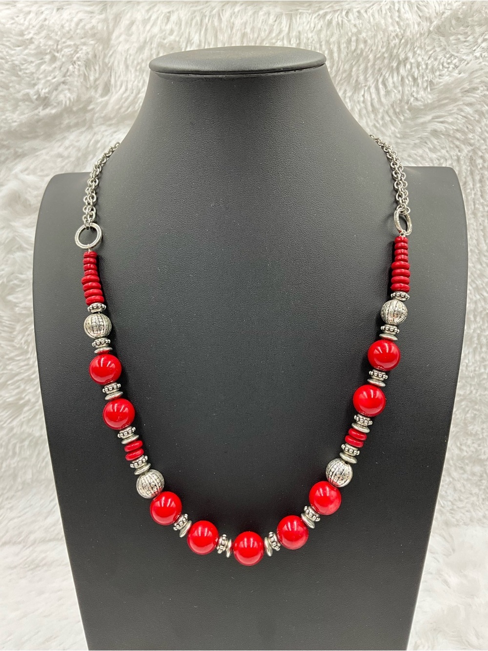 Ruby Rd. Red Beaded Statement Necklace with Silver-Tone Accents Authentic